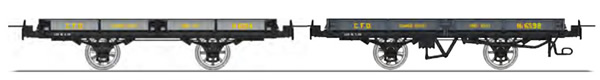 REE Modeles VM-020 - Set of 2 Flat Wagon without brakes, Grey / Black steel H 6194 and with brakes, dark grey Hv 6598